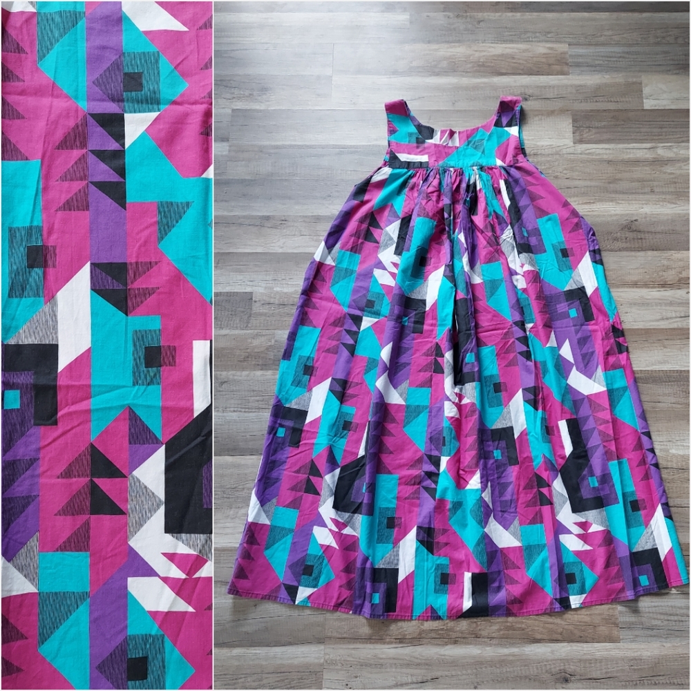 Vintage Abstract Print Mumu Day Dress XL Pink Teal Black Purple